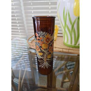 Vintage 70's Amber Glass Jar Candle, Prayer Style Candle Floral Design